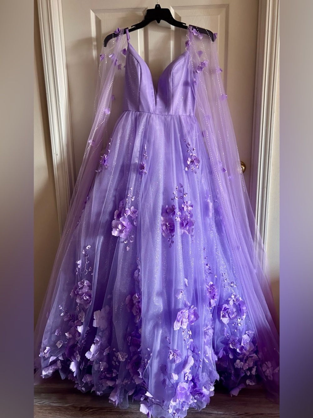 Ellie Wilde Lilac Embroidered Lace Organza Sparkly Prom Dress w/Cape‎ Sleeves 6 - Picture 14 of 16